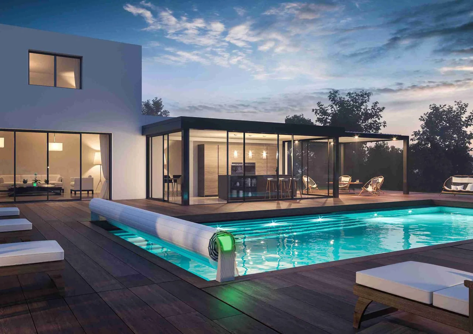 Volet roulant automatique blanc on piscine moderne avec éclairage LED